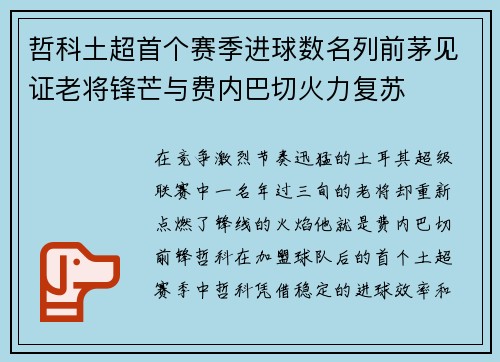 哲科土超首个赛季进球数名列前茅见证老将锋芒与费内巴切火力复苏